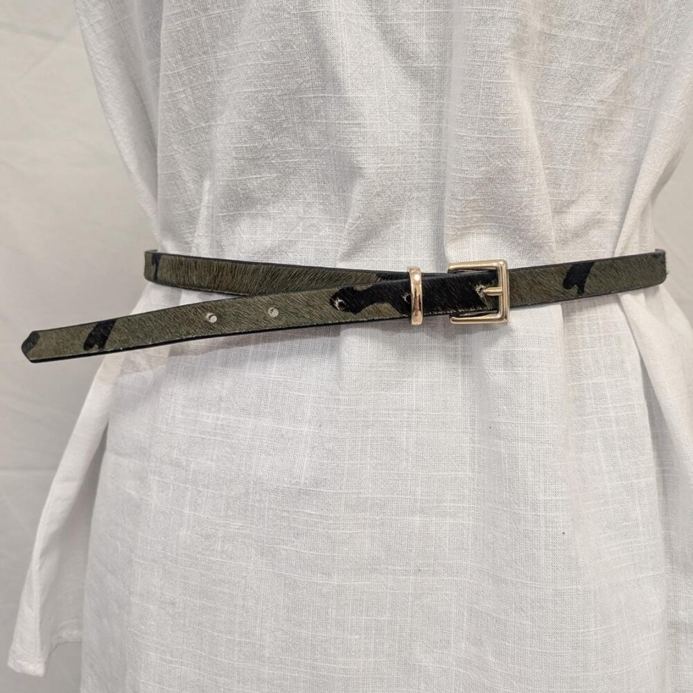 Banana Republic calf‑hair khaki green skinny belt gold buckle size L